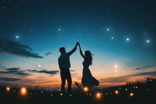 A man and a woman dance barefoot on the grass under the open starry sky. Details: small lights or candles around, light music in the air. 