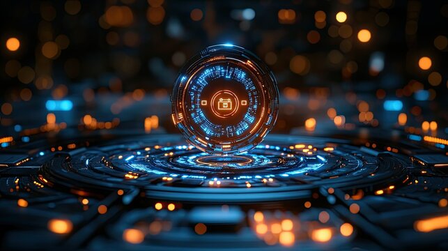A futuristic orb with glowing circuits, set on a high-tech platform, symbolizing advanced technology.