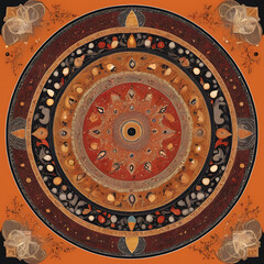 Fototapeta premium An eclectic blend of Persian miniature painting with Australian Aboriginal dot art, incorporating detailed mythical creatures and landscapes with vibrant ochre, red, and black tones.