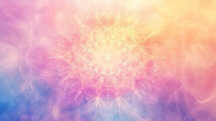 Meditative mandala artwork with gossamer thin line details, ethereal pastel rainbow gradient background, spiritual geometric pattern overlay, soft sacred geometry design, peaceful yoga-inspired art