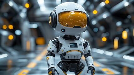 A futuristic robot with a helmet stands in a sleek, high-tech corridor.
