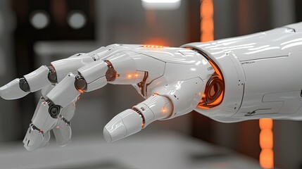 A futuristic robotic hand with glowing elements, showcasing advanced technology and design.