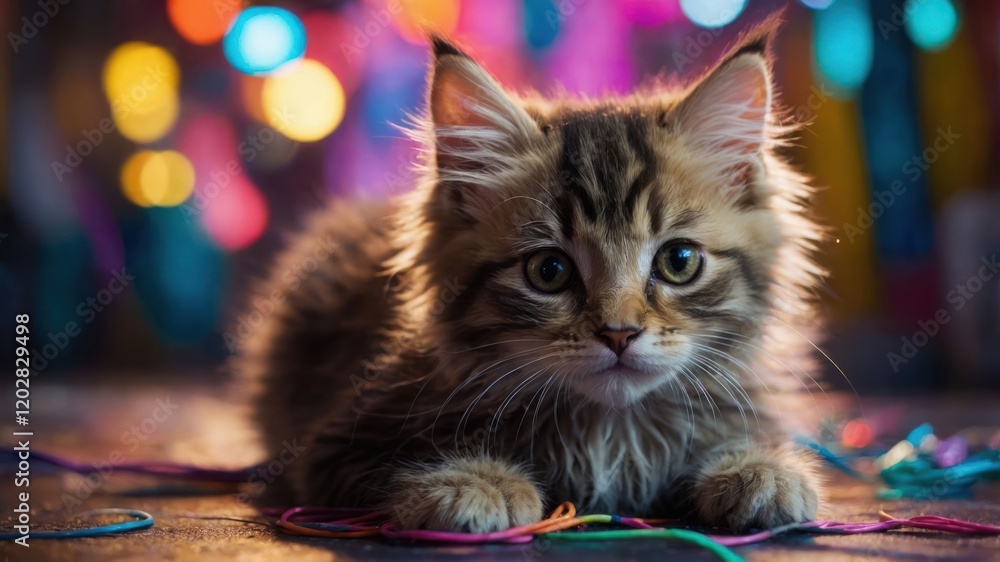 Poster a playful kitten surrounded by colorful strings and vibrant lights.