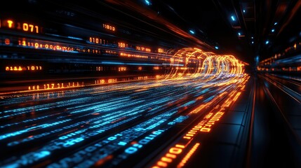 A futuristic tunnel illuminated by vibrant data streams, symbolizing digital connectivity and speed.