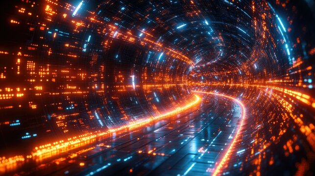 A futuristic tunnel filled with glowing lights, suggesting advanced technology and motion.