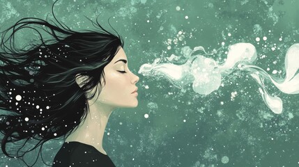 contemporary meditation art, side portrait of female with windswept black hair, breath cloud visualization, dreamy sage green palette, floating white dots, gentle illustrative style, wellness concept