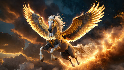 Pegasus flying in the sky. The legendary creature in Greek mythology.
