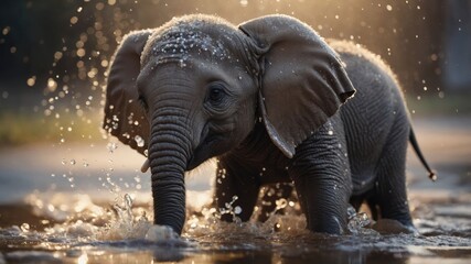 A playful baby elephant splashes in water, showcasing its joy and innocence.