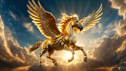 Pegasus flying in the sky. The legendary creature in Greek mythology.
