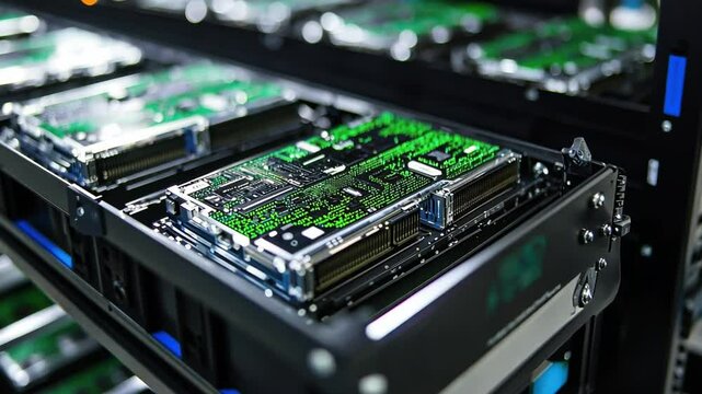 A row of green hard drives are stacked on top of each other