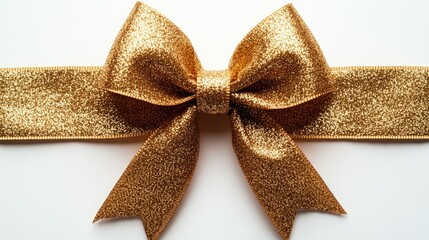 A glittery gold bow on a ribbon, perfect for gift wrapping or decoration.