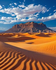 Fototapeta premium Majestic Mountain Overlooking Golden Desert Sand Dunes Under Blue Sky and Clouds, Showcasing the Serenity and Immensity of the Desert Landscape