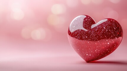A glossy red heart with glitter on a soft pink background, symbolizing love and affection.
