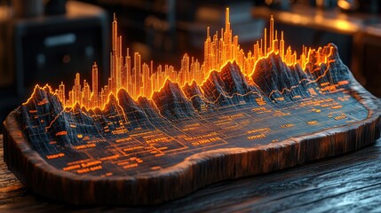 A glowing 3D model of a mountain range with city skyline, showcasing topographical features.