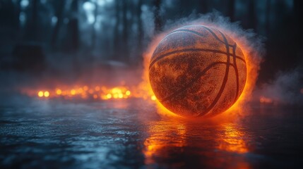 A glowing basketball surrounded by mist and fiery elements in a dark, atmospheric setting.