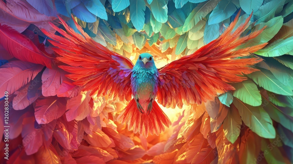 Poster a bird soaring through a vivid colorful tunnel abstract art dynamic environment captivating viewpoin