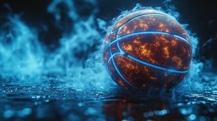 A glowing basketball surrounded by mist and light, emphasizing sports energy and excitement.