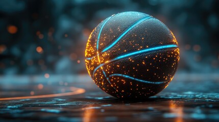 A glowing basketball on a reflective surface, showcasing a dynamic and futuristic design.