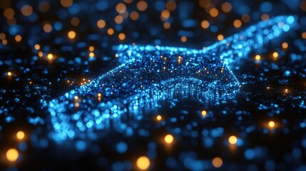 A glowing blue outline of a rocket shape amidst shimmering particles, evoking a sense of technology and innovation.