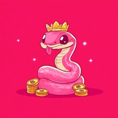 Fototapeta premium A playful pink snake wearing a crown sits amid shiny coins, exuding a whimsical charm against a vibrant pink background.