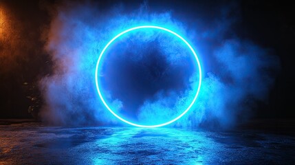 A glowing blue circular portal surrounded by mist on a dark surface.