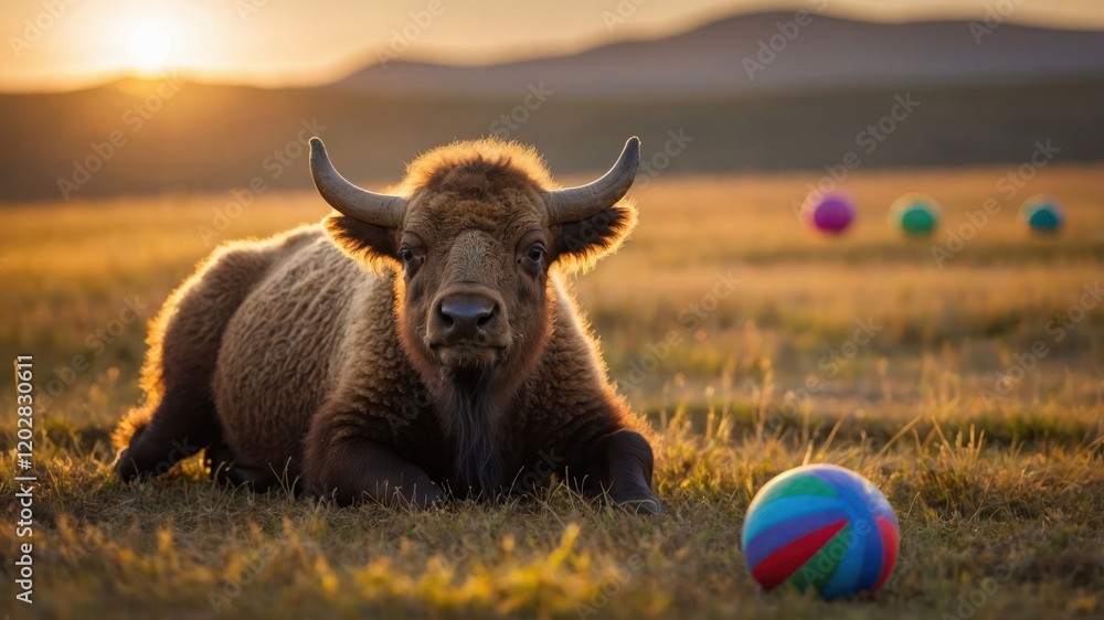 Poster a bison rests in a field with colorful balls in the background at sunset.
