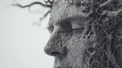 Human face emerging from textured bark-like surface, representing nature's connection with humanity and transformation through growth