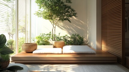 japanese inspired living space, modern wooden platform seat, soft white cushioning, organic woven planters, streaming natural sunlight, clean lines, serene morning atmosphere