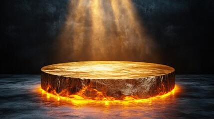 A glowing circular platform illuminated by beams of light, suggesting a dramatic or mystical setting.