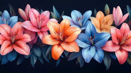 Obraz premium Vibrant floral arrangement featuring pink, orange, and blue lilies against a dark background