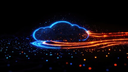 A glowing cloud icon with colorful data streams, representing cloud computing and digital connectivity.