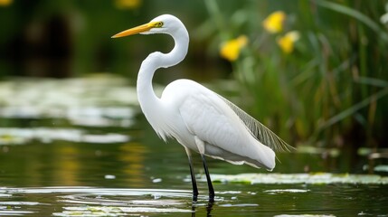 Naklejka premium White egret standing gracefully in a shallow pond, surrounded by reeds.