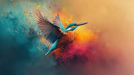Obraz premium Vibrant bird emerging from colorful paint splashes nature scene artistic expression dynamic viewpoint