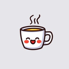 Obraz premium A cheerful, cartoon-style cup of coffee emits steam, featuring a smiling face, perfect for conveying warmth and happiness.