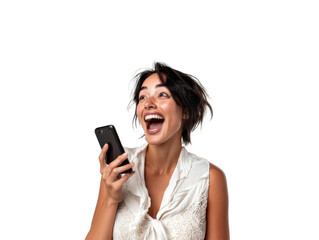 portrait of a woman black hair, white shirt, showcasing a of facial expressions such as surprised, excited, amazed while he looking at her smartphone