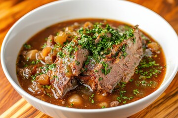 Sauerbraten soup with tender meat and rich flavor cozy kitchen food warm atmosphere close-up culinary delight