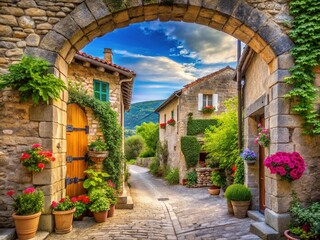 Medieval Village Entrance, Pot-Célard, France, Photorealistic