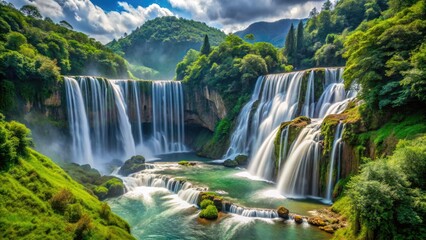 Fototapeta premium Huangguoshu Waterfall: Majestic Guizhou cascade, East Asia's largest, summer travel photography awaits.