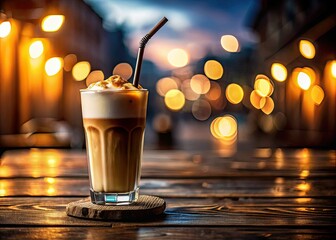 Iced cappuccino, tall glass, dark table: night coffee photography, cozy vibe, Instagram-ready.