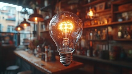 A glowing light bulb illuminates a cozy bar setting, enhancing the warm atmosphere.