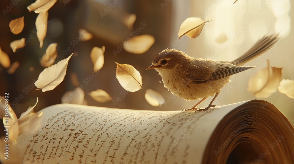 Poster bird emerging from unrolled scroll nature scene artistic content warm environment close-up view symb