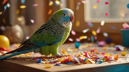 A colorful parakeet amidst confetti on a table, creating a festive atmosphere.
