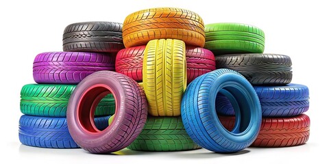 New Tire Stack, Bright Colorful Rubber Tires, Isolated White Background, High-Resolution Image