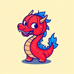 Fototapeta premium A cute, cartoon-style red dragon with blue spikes, featuring a friendly expression and a curvy body, set against a light background.
