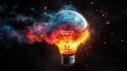 A glowing light bulb surrounded by vibrant flames and colorful smoke, symbolizing creativity and innovation.