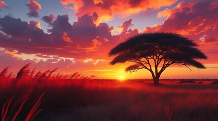 Vibrant African Sunset with Dramatic Red and Orange Sky, Silhouetted Acacia Tree, and Serene Savannah Landscape Showcasing the Beauty of Nature's Golden Hour

