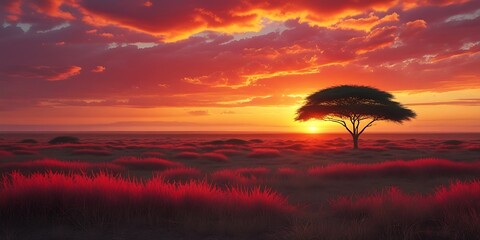 Vibrant African Sunset with Dramatic Red and Orange Sky, Silhouetted Acacia Tree, and Serene Savannah Landscape Showcasing the Beauty of Nature's Golden Hour

