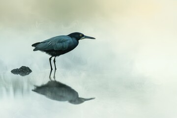 Fototapeta premium Reflective bird standstill in serene water nature dreamy environment mystic concept