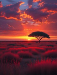 Vibrant African Sunset with Dramatic Red and Orange Sky, Silhouetted Acacia Tree, and Serene Savannah Landscape Showcasing the Beauty of Nature's Golden Hour

