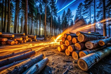 Fototapeta premium Long exposure captures a lumberjack's night work, splinters flying amidst stacked logs in a dark, rustic forest.